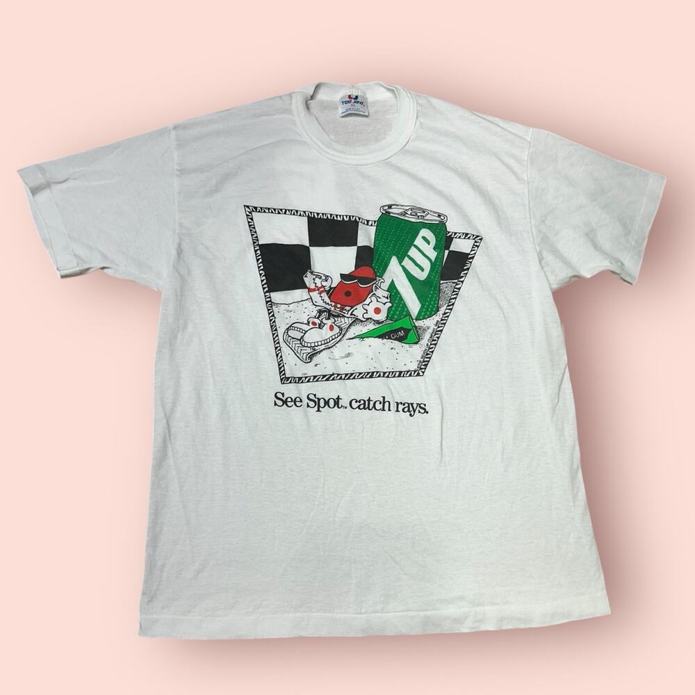 VINTAGE 7 Up Shirt Mens XL White See Spot Soda Single Stitch Tee Jays USA 90s